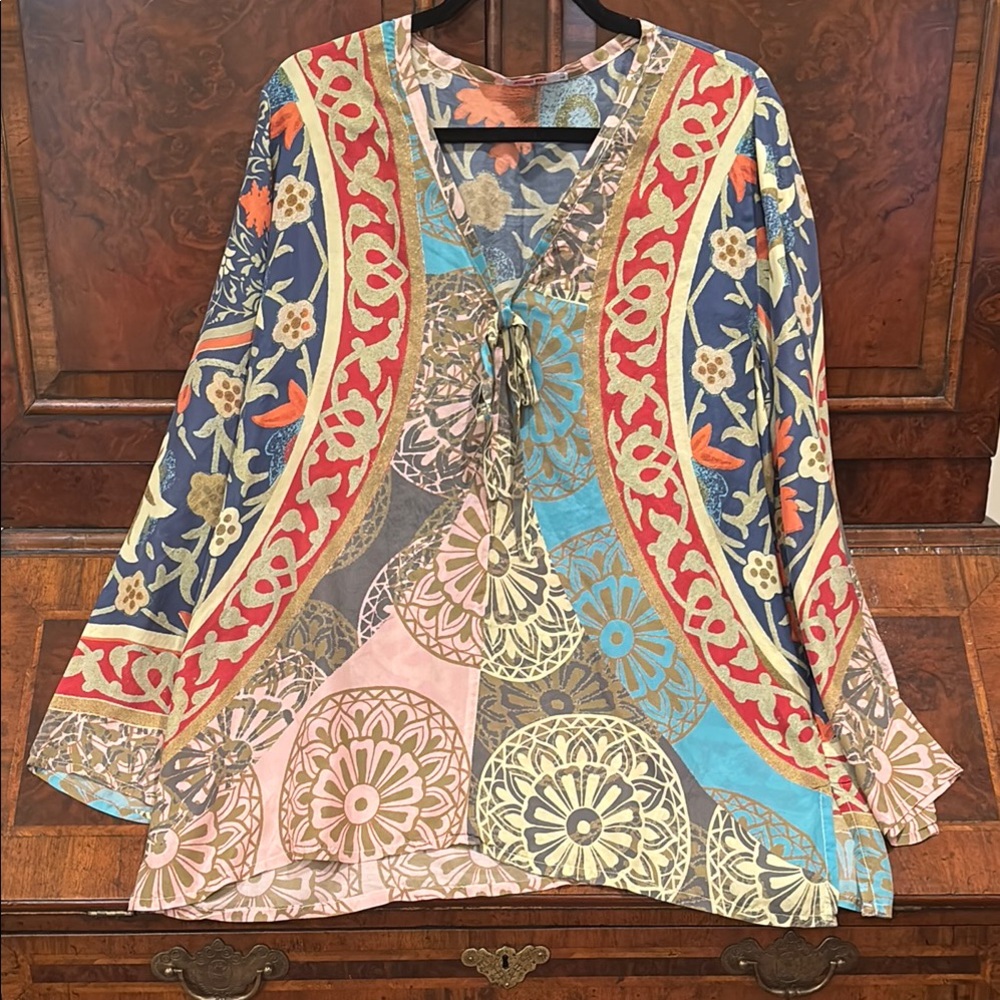 Johnny Was Multicolor Floral Patchwork V-Neck Tunic — Blue, Red, Pink, Gold